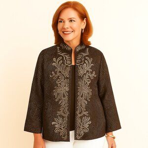 Chico’s Dark Brown Embroidered Jacket • Sophisticated Silver Stitching Size 0